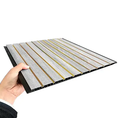 9 Slot Grey Marble PVC Ceiling and Wall Panels with Middle Gold Strip Inlays for Luxury Waterproof 3D Fluted Interior Decor
